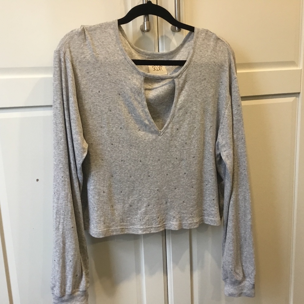 Grey t-shirt, size small, Brand is Chasor, small sparkly rhinestones all over